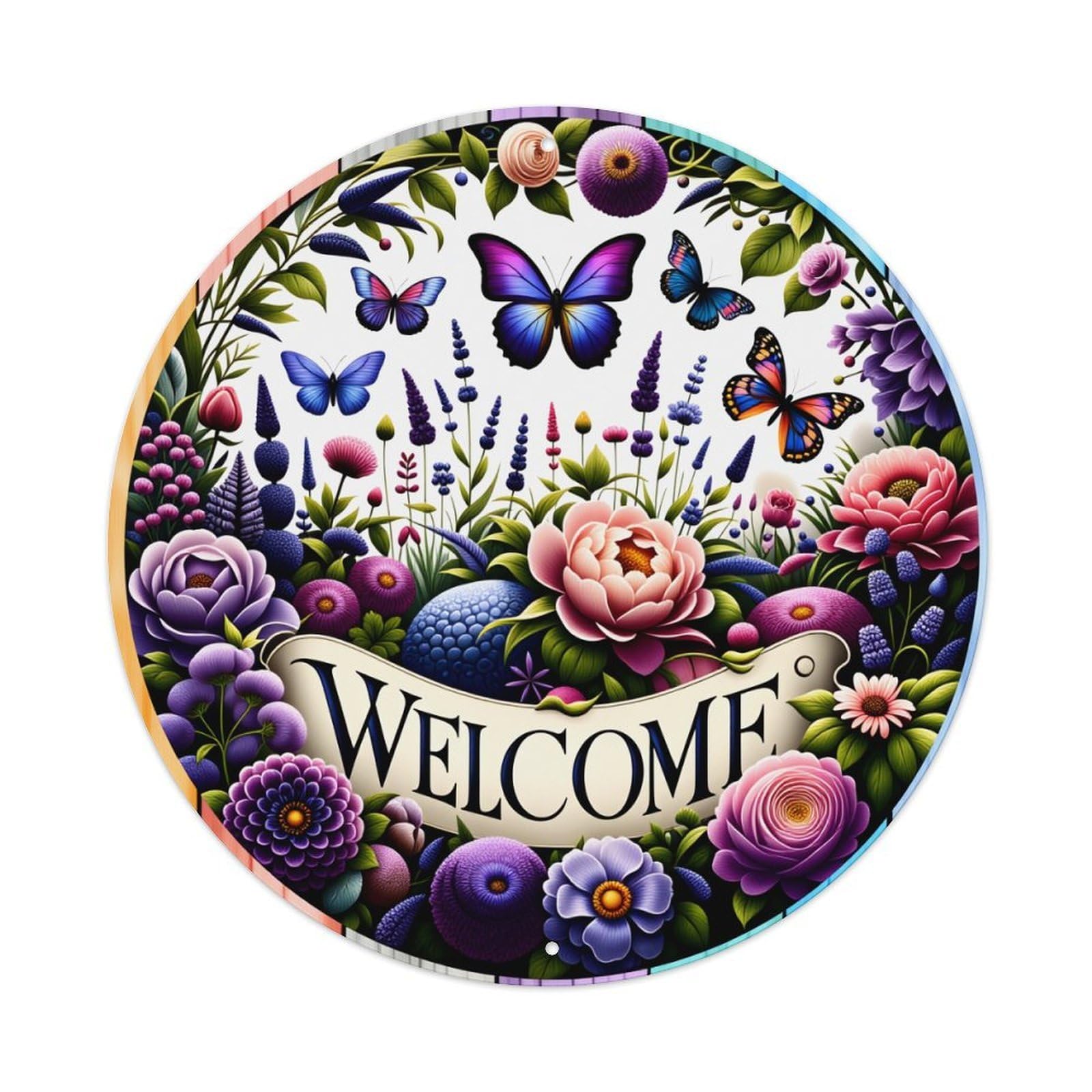 Floral Butterfly Welcome Garden Pattern Round Tin Sign Vintage Metal Poster Retro Bar, Home, Man Cave, Kitchen, Laundry Room Wall Art Decor Gift 8x8Inch