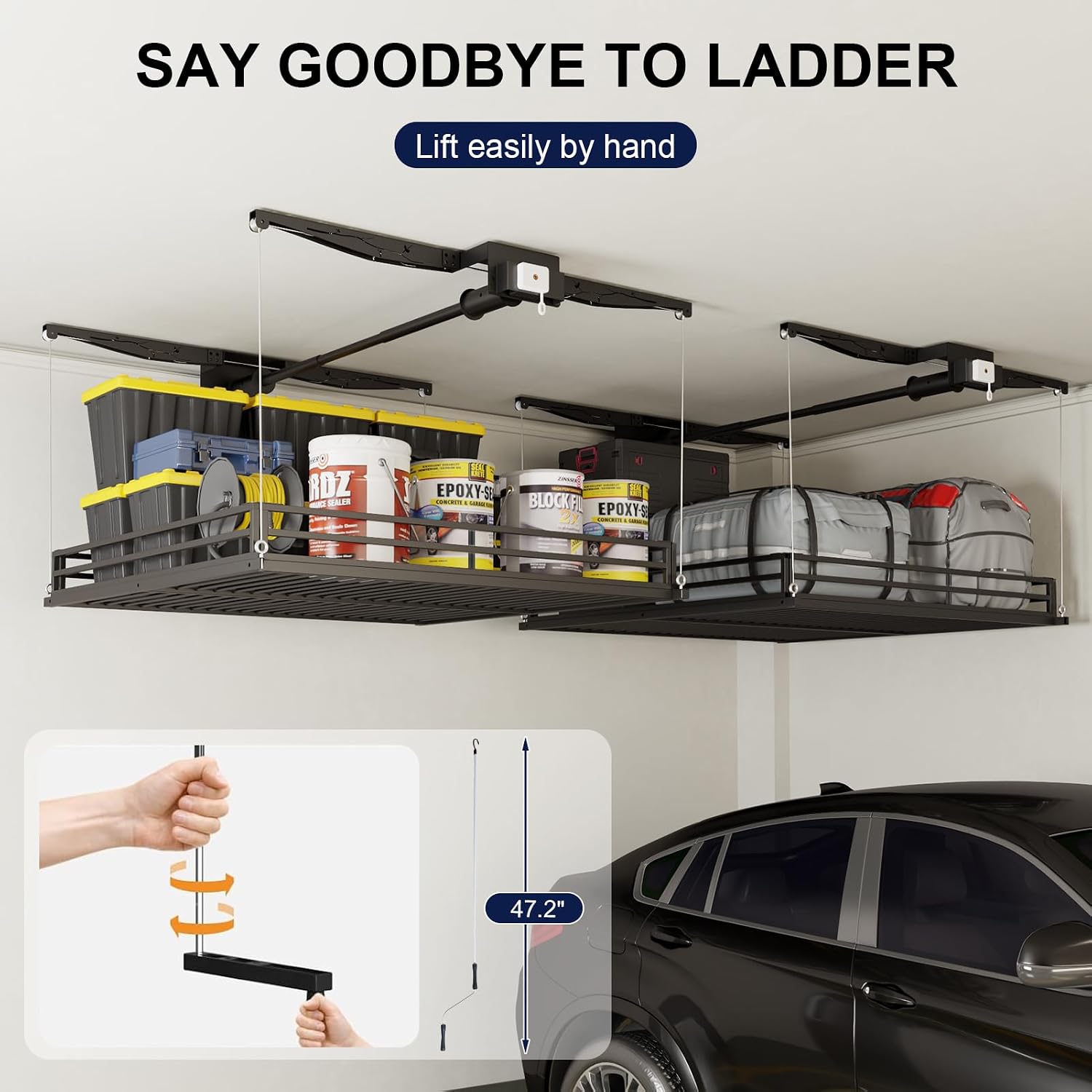 Garage Ceiling Storage Lift, Manual Overhead Hoist Rack with 5" Safety Railing, 4x4 Ft Heavy Duty Metal Platform, 300 lbs Capacity, Includes Dust Cover & Straps, Black (Openwork design)