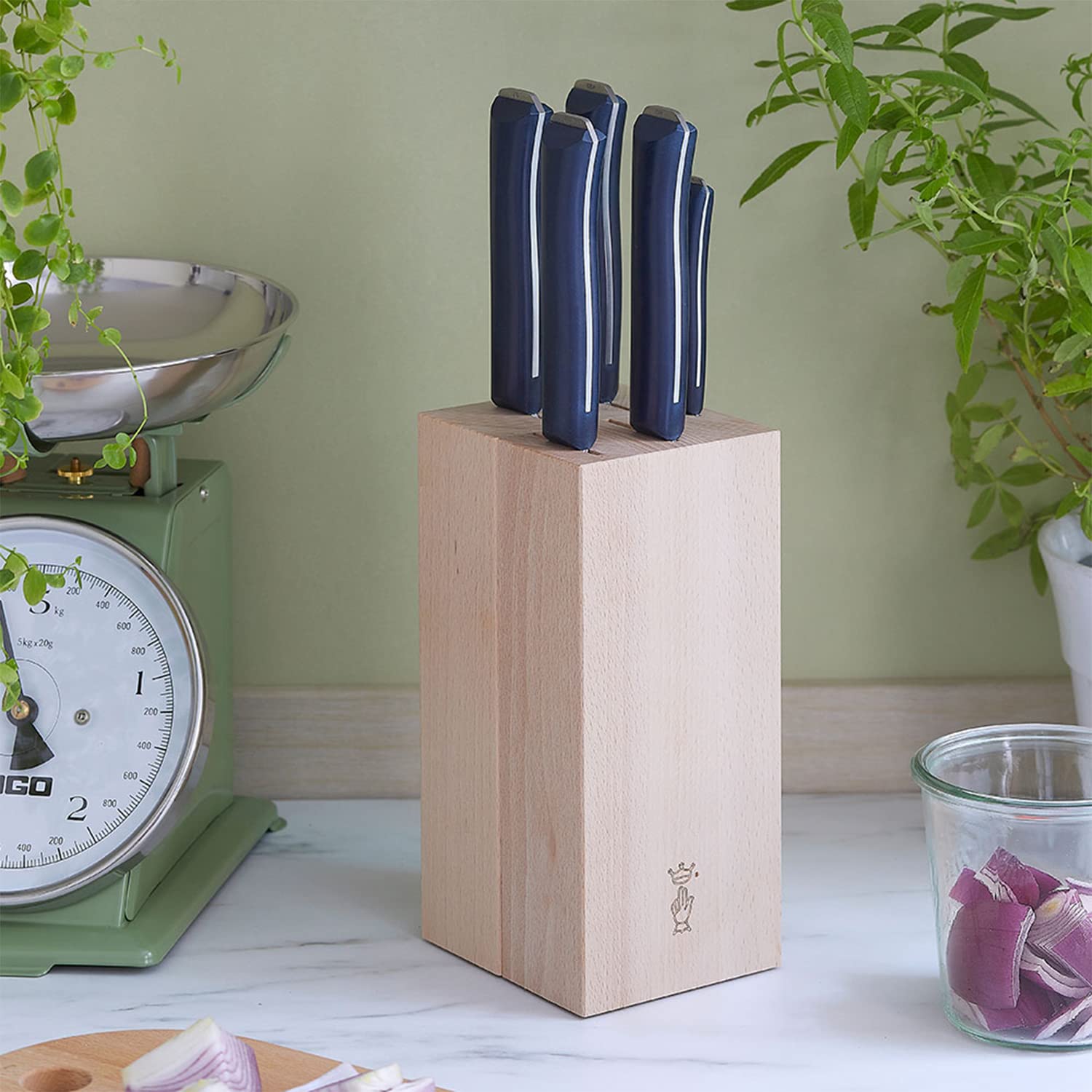 OPINEL - Bloc de Rangement pour Couteaux en Bois de Hêtre - Design Sobre et Élégant - Vos Couteaux de Cuisine Toujours à Portée de Main et Protégés - pour 5 Couteaux