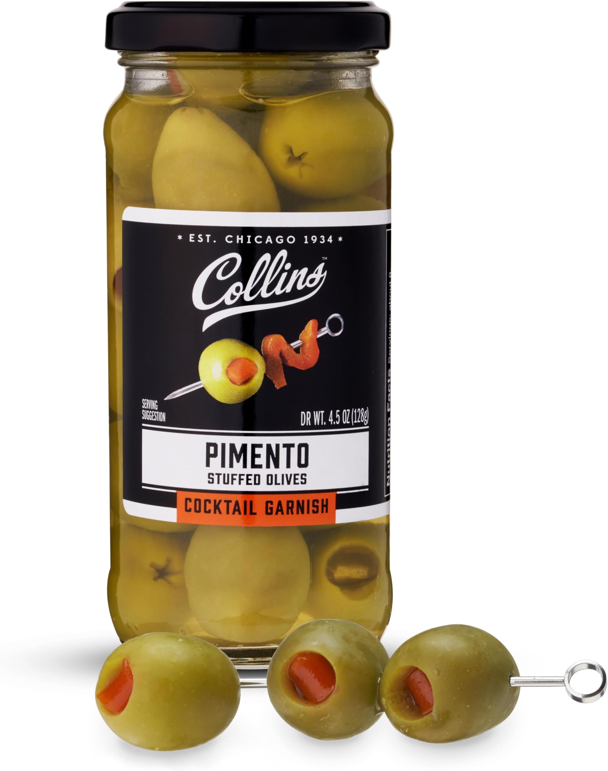Collins Pimento Olives | Spanish Pimento Stuffed Martini Olives, Green Olive Cocktail Garnish for Dirty Martinis, Salads, Charcuterie, 15 olives, 5 oz