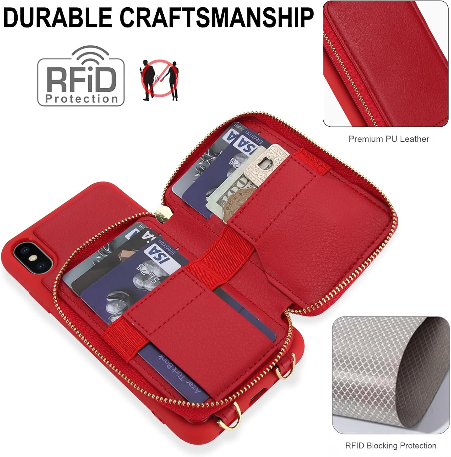 Phone Case for iPhone Xs Max Wallet Cell Cover with Tempered Glass Screen Protector Crossbody Strap Lanyard RFID Blocking Credit Card Holder i X XR Xsmax 10x SX Xmax 10xs 10s 10 Plus Xmaxs Women Red
