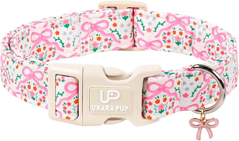 Coleira para Cães de Algodão com Estampa Floral, Laço Rosa e Fivela de Engate Rápido UP URARA PUP