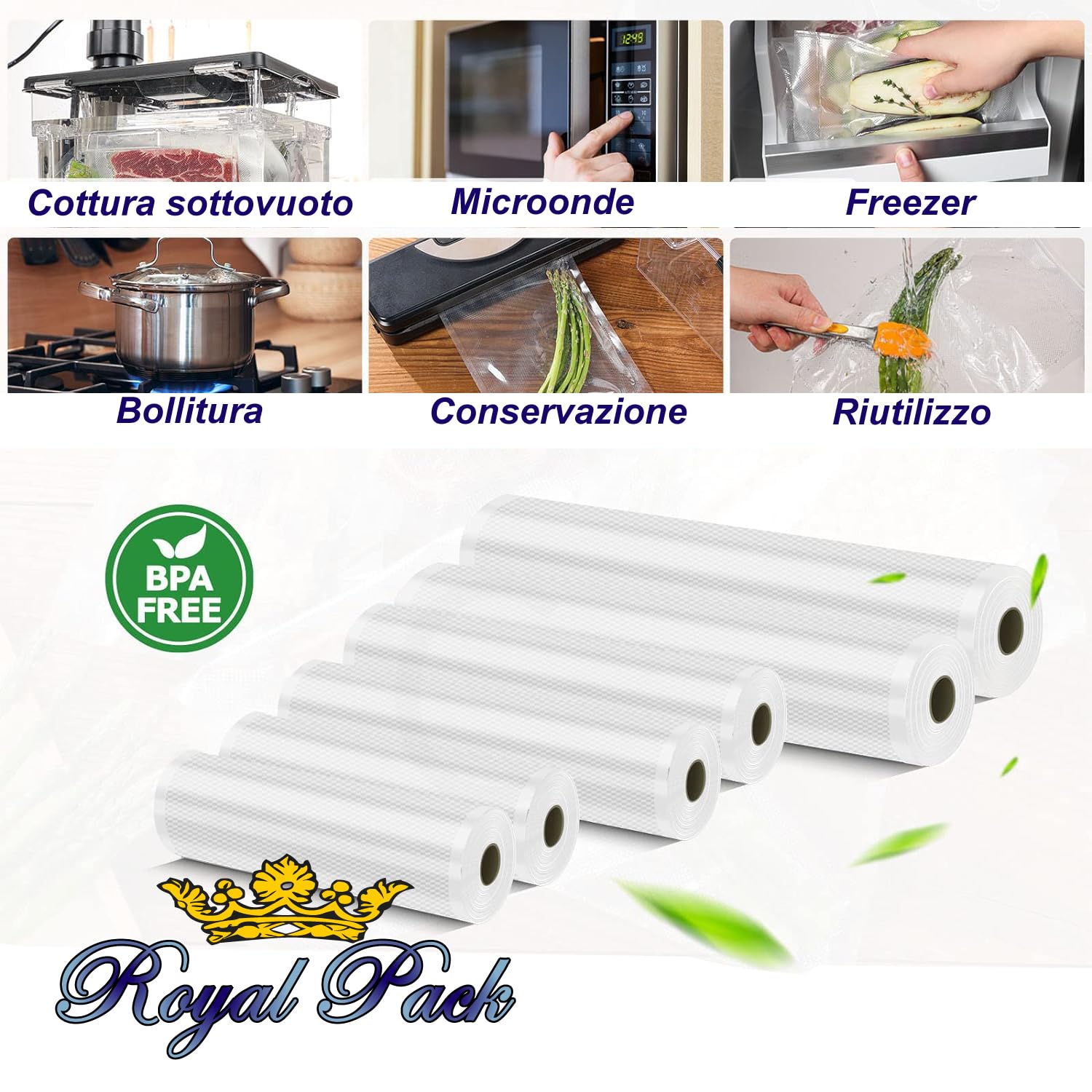 16 rollos al vacío | 30 x 600 cm | gofrados por un lado y lisos por el otro | Made in Italy | BPA free | universales | reutilizables