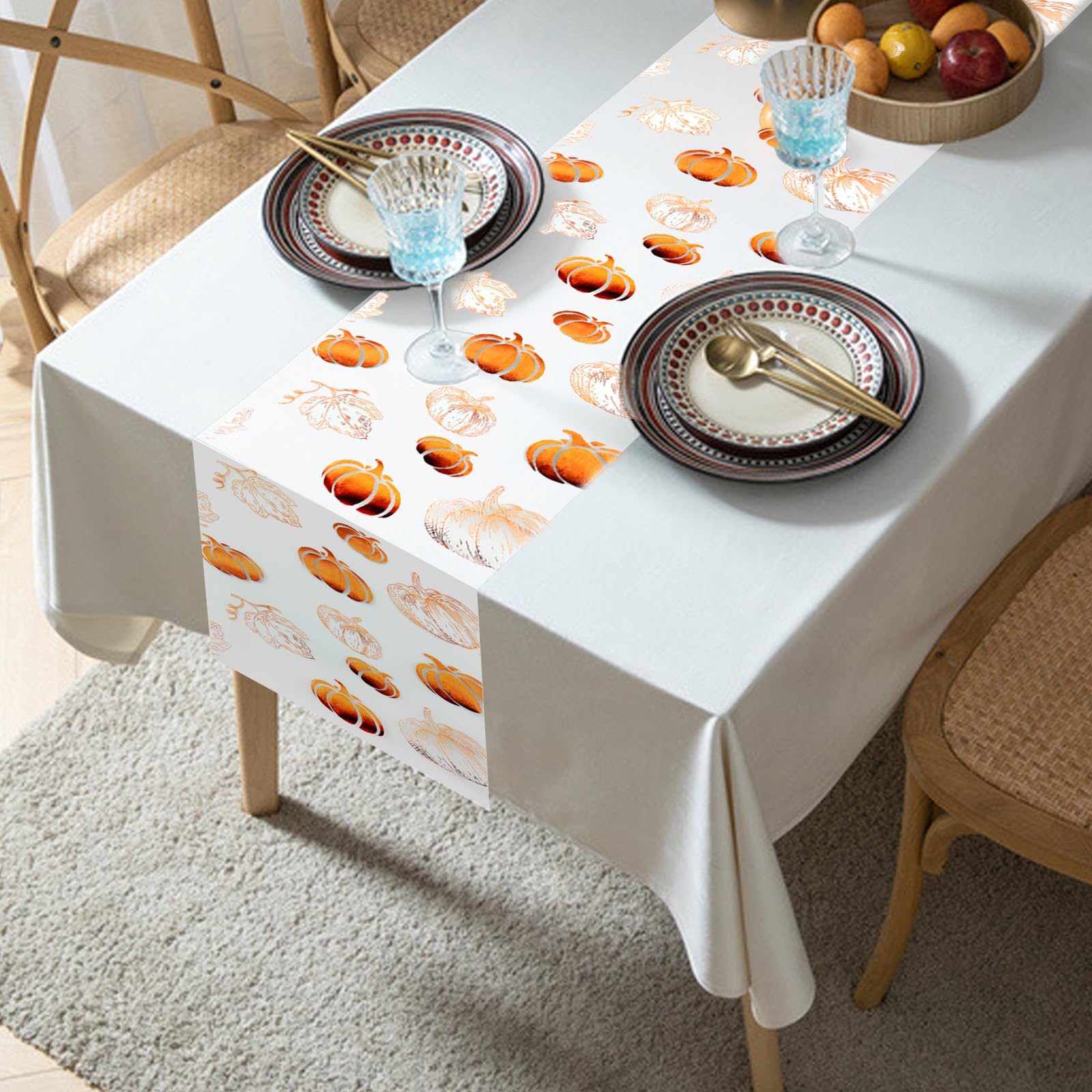 Chemin De Table Automne Halloween - 28x275cm En Polyester Avec Motifs Citrouilles Et Feuilles D'Érable Dorées - 4