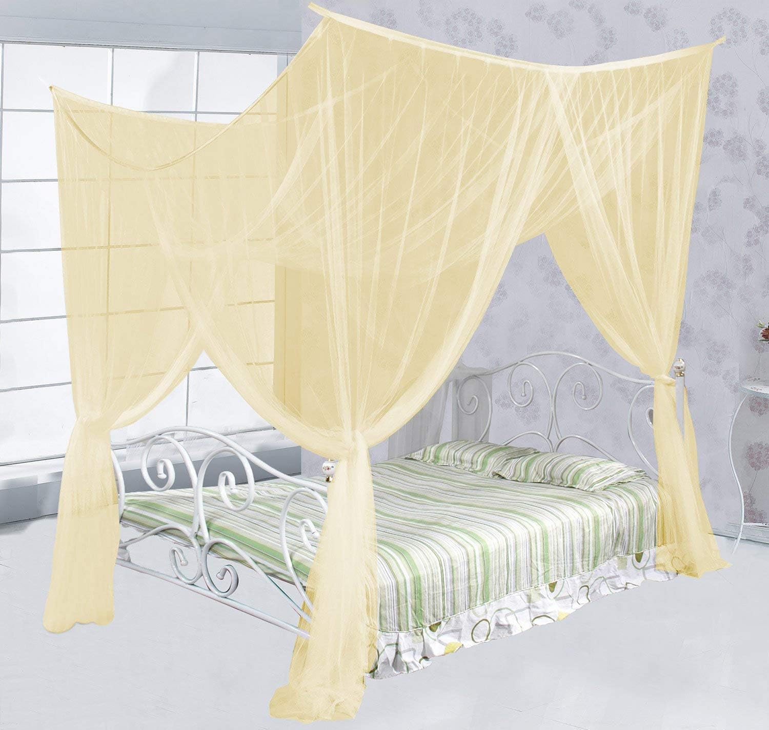 KANAHIYA Traders Mosquito Net Ivory, 8x8 ft 4 Corner Post Bed Canopy, Quick and Easy Installation for King Size Beds Large Queen Size Bed Curtain