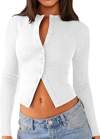 Womens Long Sleeve Tops Fall Lightweight Cardigan Cropped Going Out Shirts Ribbed Button Down Cute Trendy 2025