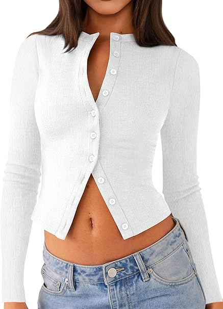 Womens Long Sleeve Tops Fall Lightweight Cardigan Cropped Going Out Shirts Ribbed Button Down Cute Trendy 2025