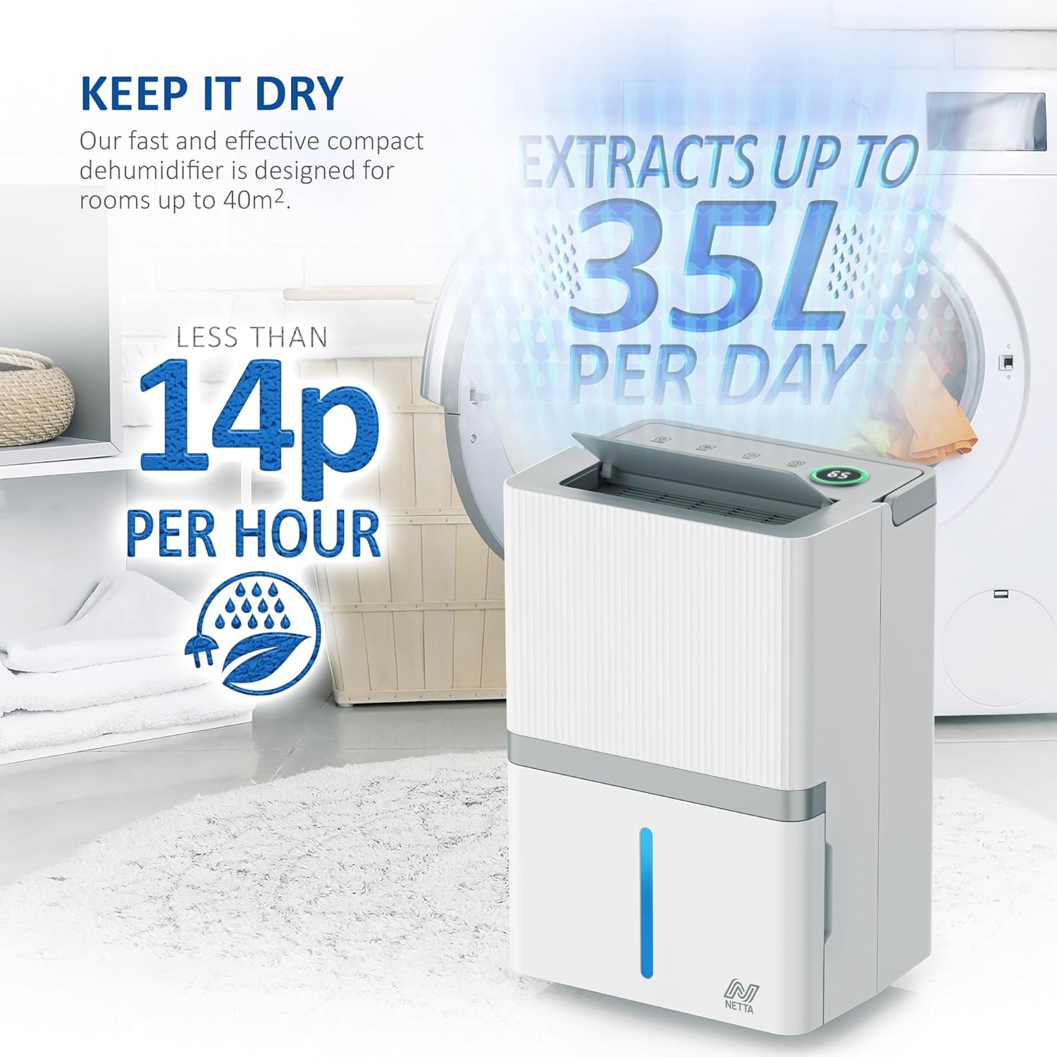 Dehumidifier in a room, highlighting 35L/day extraction and low power consumption