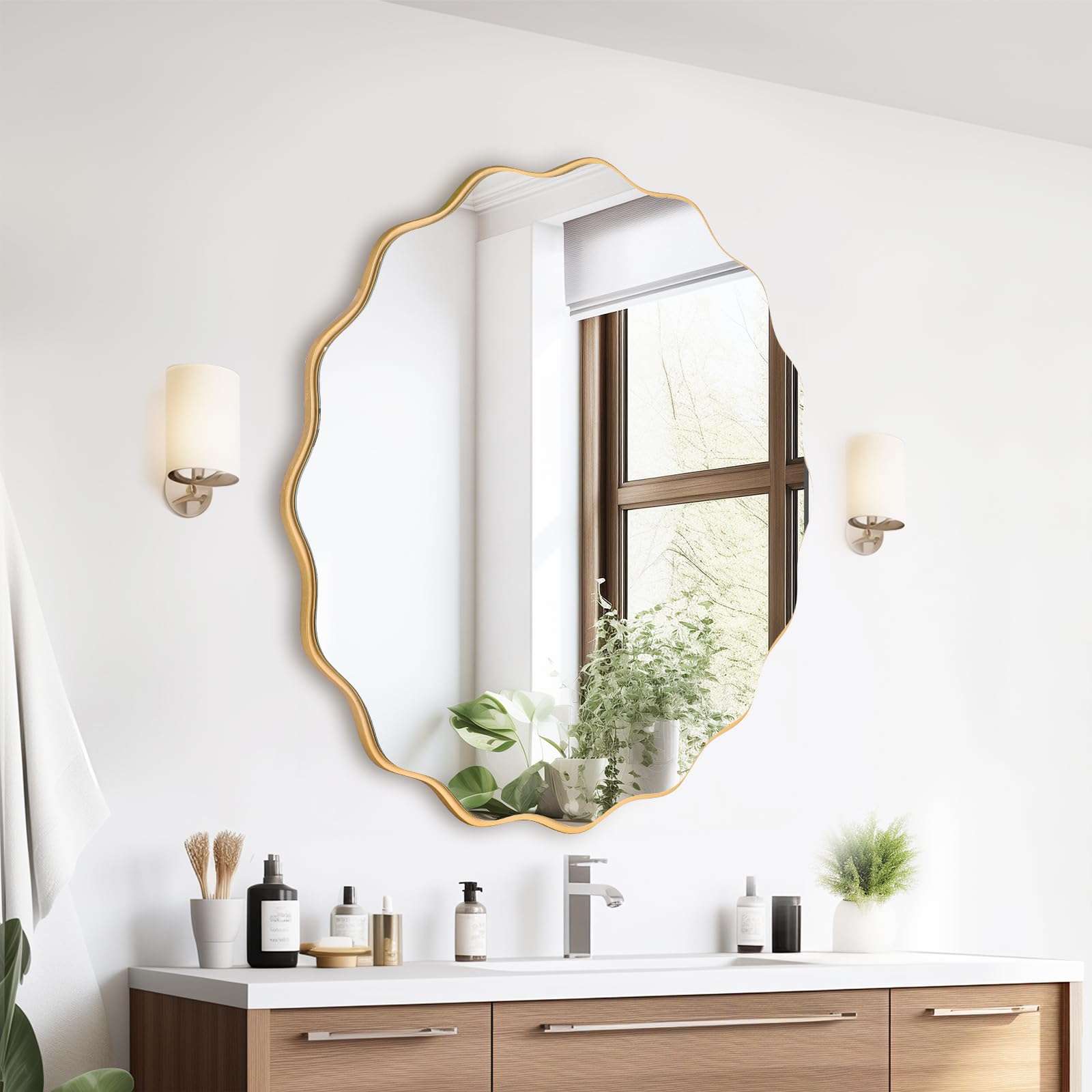 GIOVARA Espejo Ondulado Irregular 50 cm Espejo de Pared Decorativo para Colgar, Moderno, Industrial, Espejo de baño para baño, Lavabo, salón, Dormitorio(Oro)