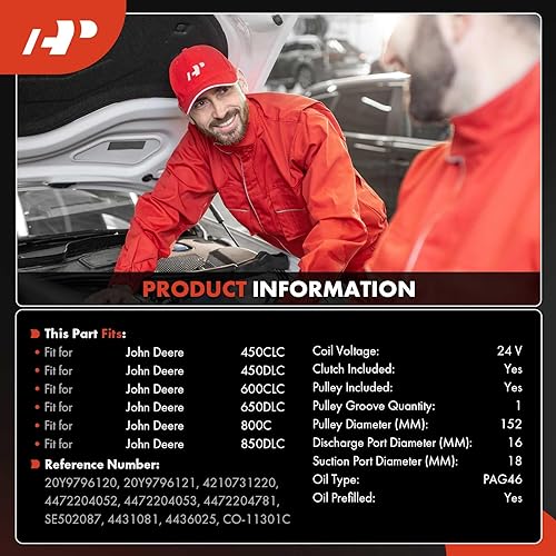 Miniatura 2 de A-Premium Compresor de aire acondicionado AC con embrague compatible con John Deere 450CLC, 450DLC, 600CLC, 650DLC, 800C, 850DLC