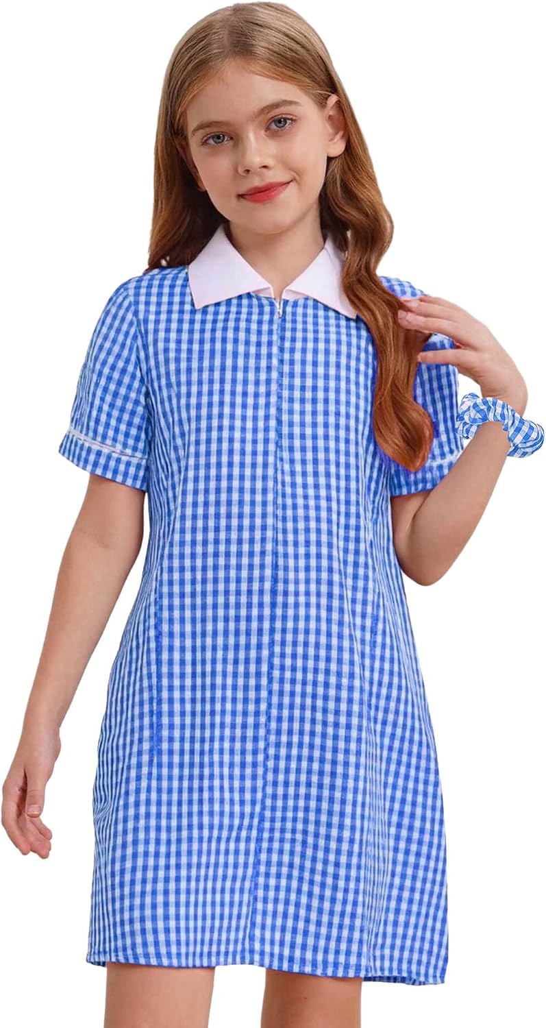 FEESHOW Kids Girls Short Sleeve Gingham Plaid Summer Dress School Uniform Dress with Hair Scrunchies Casual Outfits