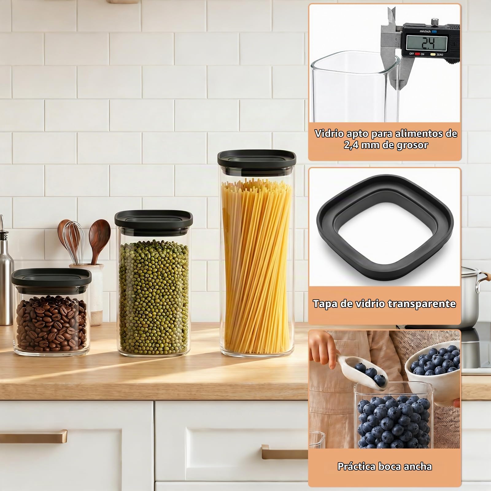 twoant Juego de 4 Cuadrada Tarros de Cristal Con Tapa Hermética y Apilable Transparente，1400ml Cocina Botes Almacenaje Ideales Para Guardar Especias, Pasta, Legumbres, Avena, Cereales, Etc