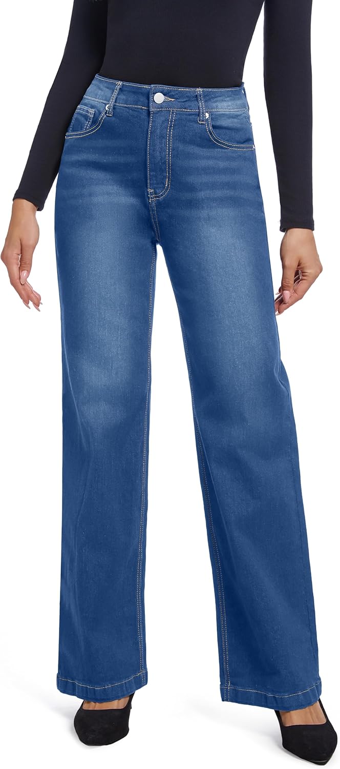 Women's Jeans Straight Leg Casual High Waisted Stretch Trendy Black Pull On Jeans f...