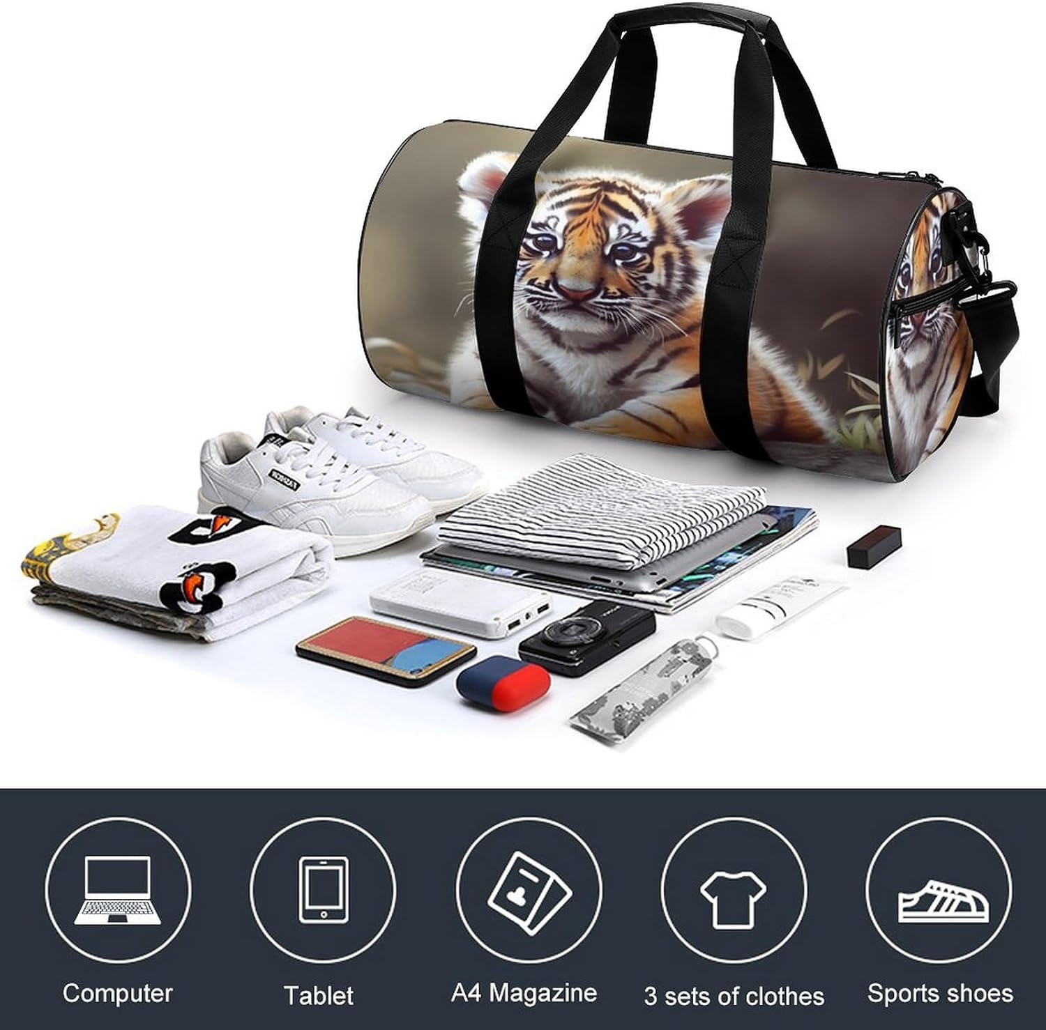 Aesthetic Sports Bag for Women Cute Tiger Printed Duffle Travel Bag for Men Women Mini Workout Bags Cylindrical Gym Bag