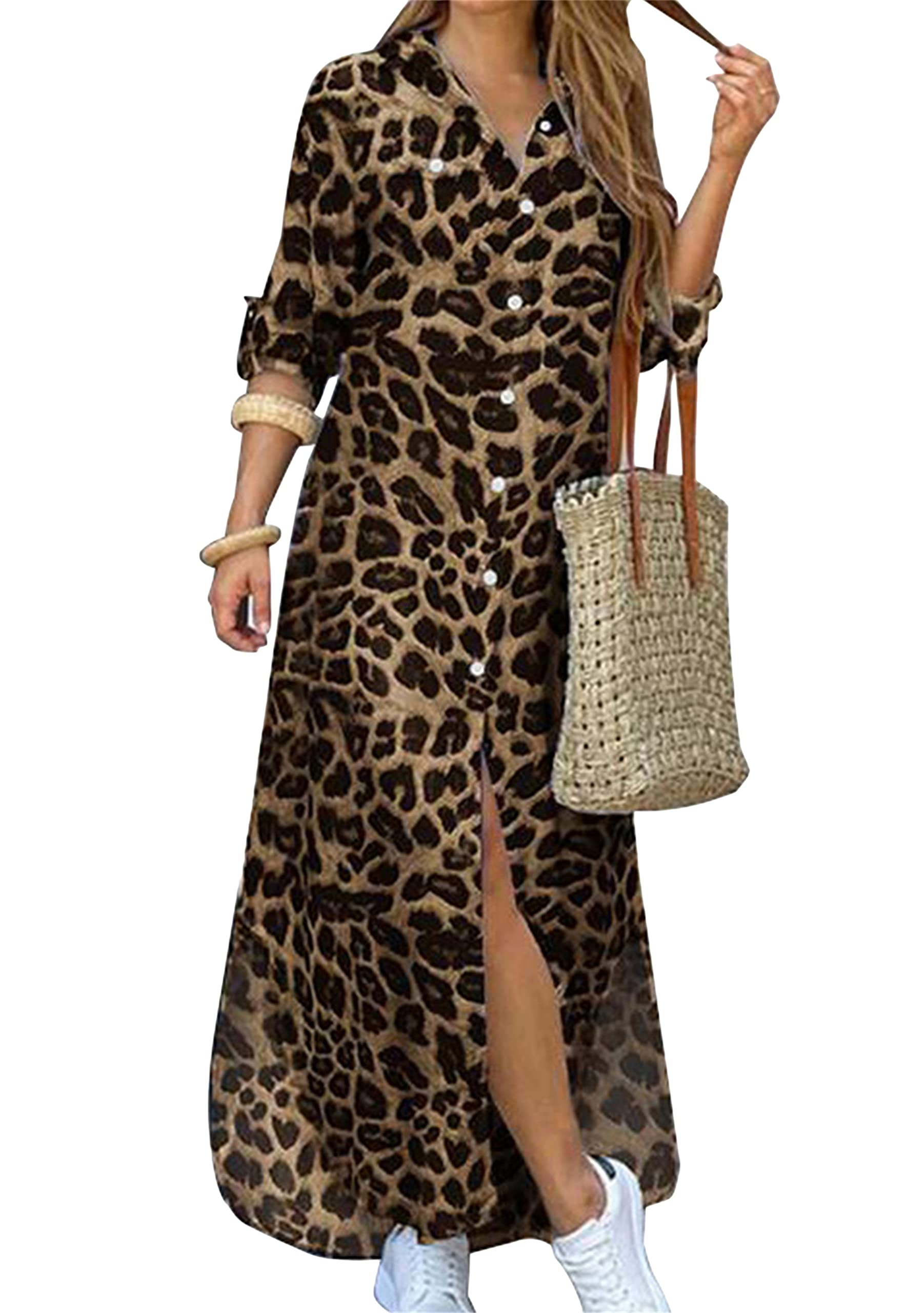 DIACACY Women Cotton Rolled Up Sleeve Shirt Dress Casual Button Down Blouse Dresses with Pockets Leopard Yellow L, Yellow