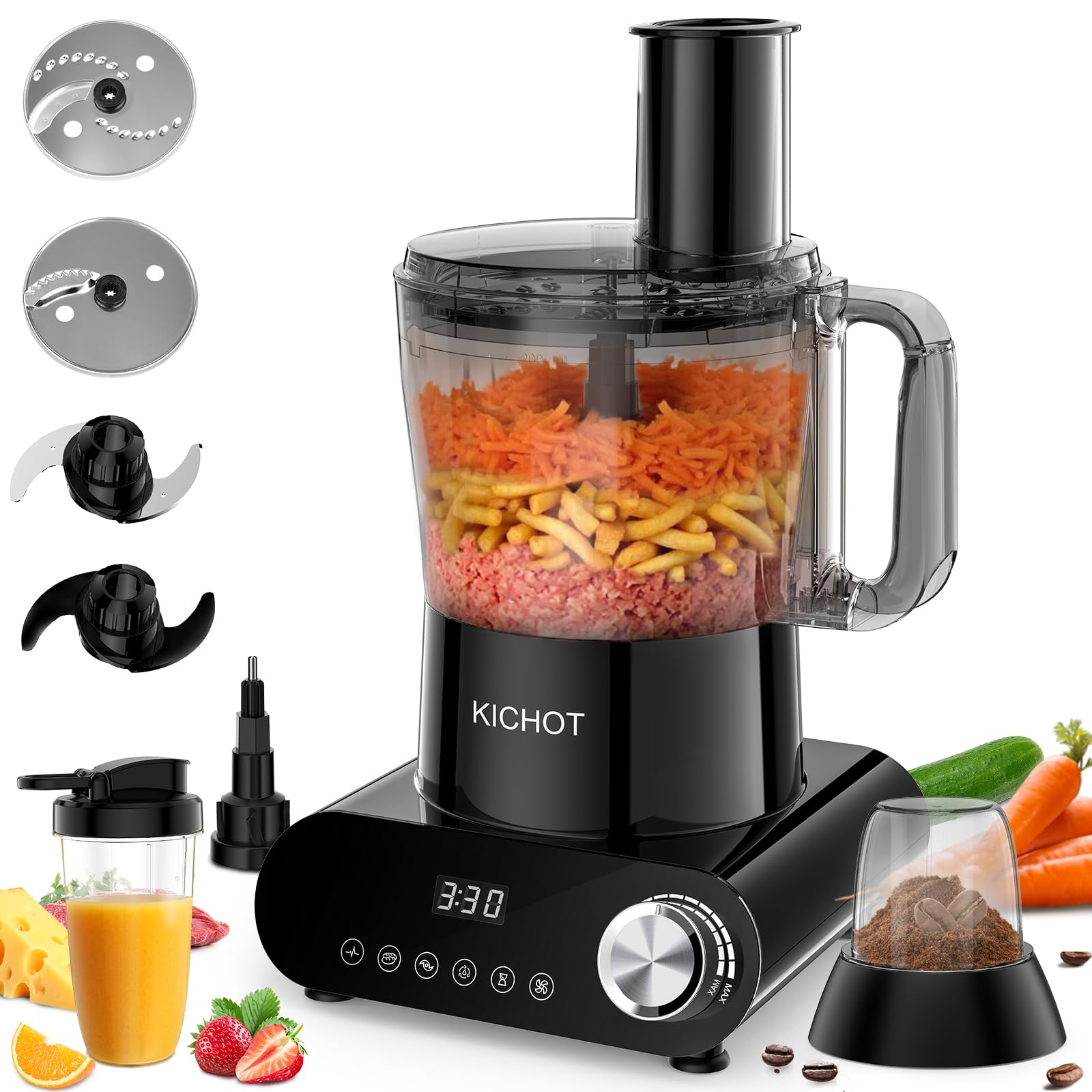 Robot de cocina & Picador, 2.5 L Food Processor 1500 W con gran tubo de alimentación – Creación de hielo, Molienda, Expresor de cítricos, Ralladura, Corte & Repostería, Negro