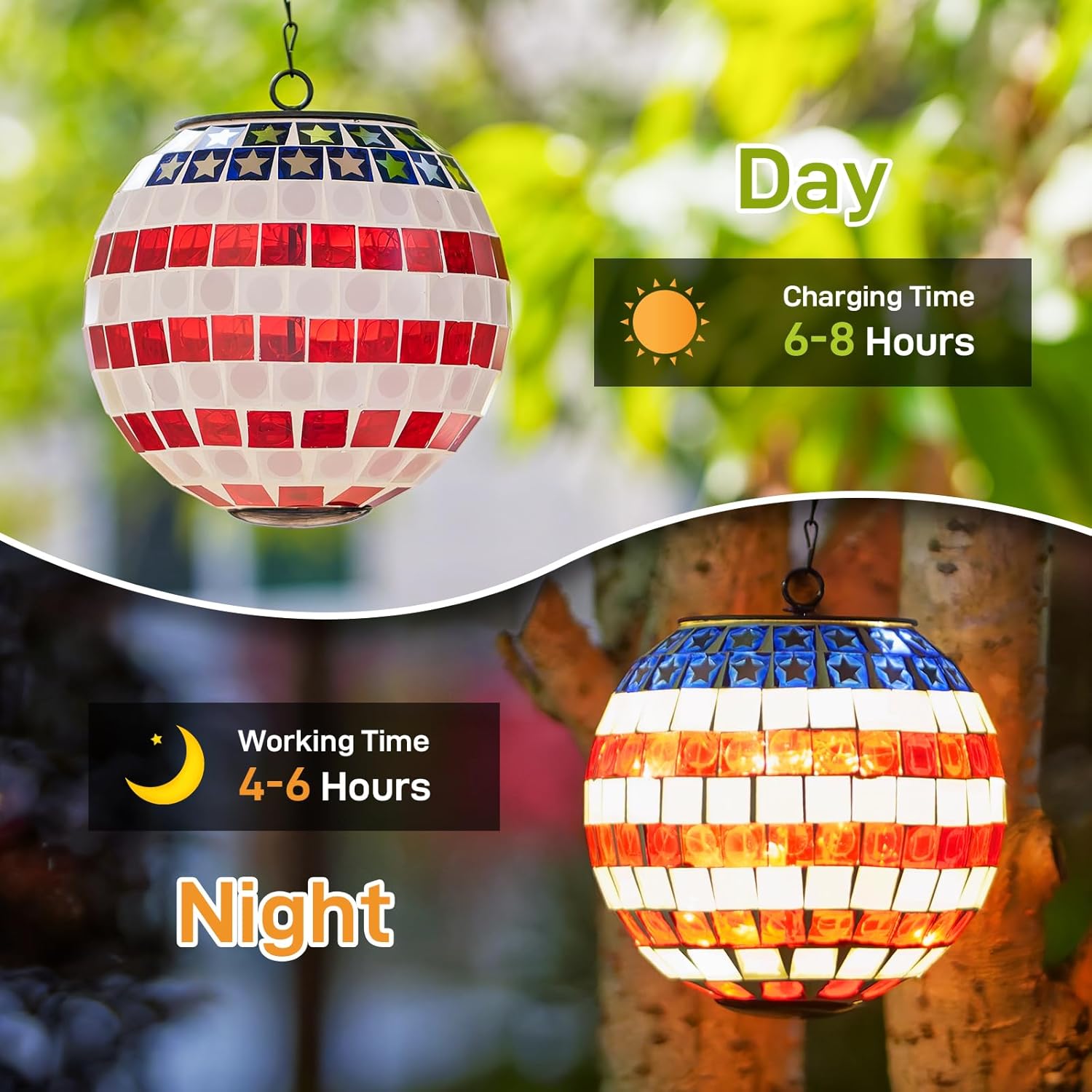 American Flag Solar Hanging Lanterns Outdoor Waterproof Glass Mosaic Gazing Ball Globe Hanging Lantern Lights for Patio Garden Yard Home Decor (Red)