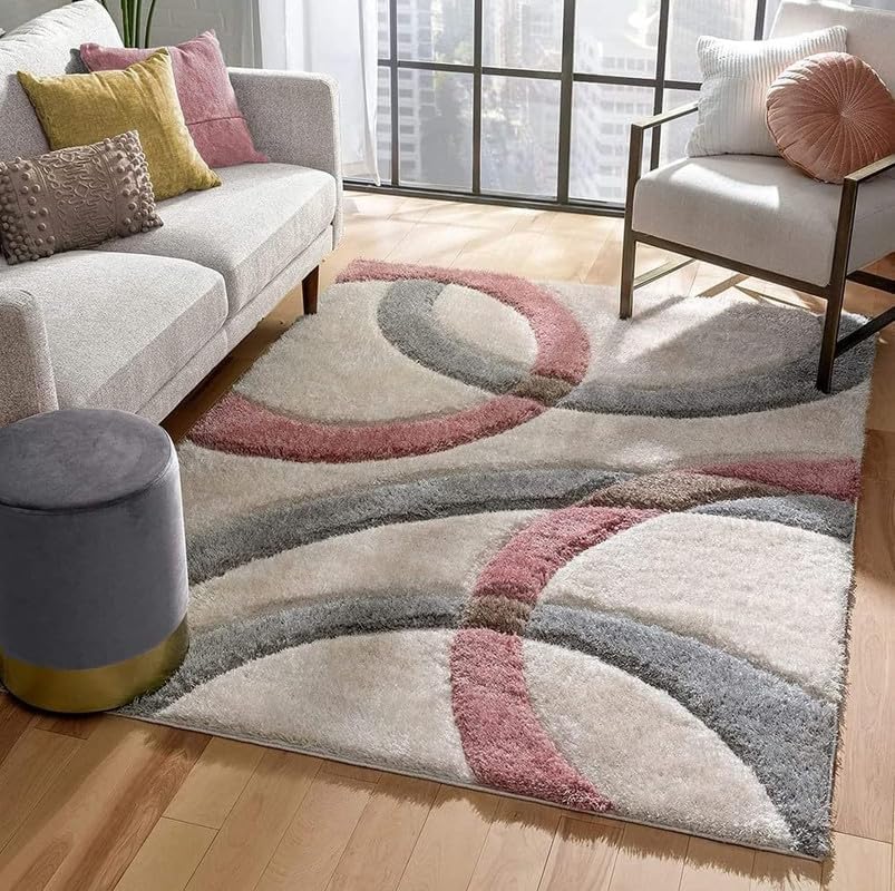 Image of Carpet for Living Room 5X7 FEET Modern Soft Shaggy Carpet Thick, Fluffy & 2 inch Pile Shag Rug for Your Kids Room, Bedroom & Livingroom (White Pink Gray)