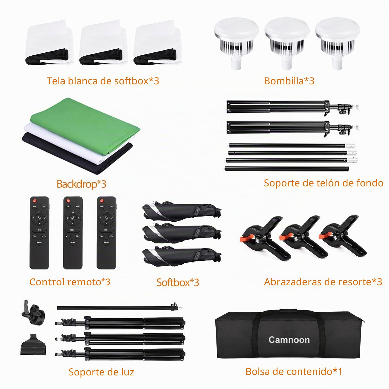 Softbox Set, Camnoon Kit Iluminacion Fotografia Estudio con 3 Softbox, 3 85W 2800K-5700K Bi-Color de Temperatura de luz LED, 3 Fondos, Brazo de Pluma, Soporte, Bolsa, para Video/Transmisión en Vivo