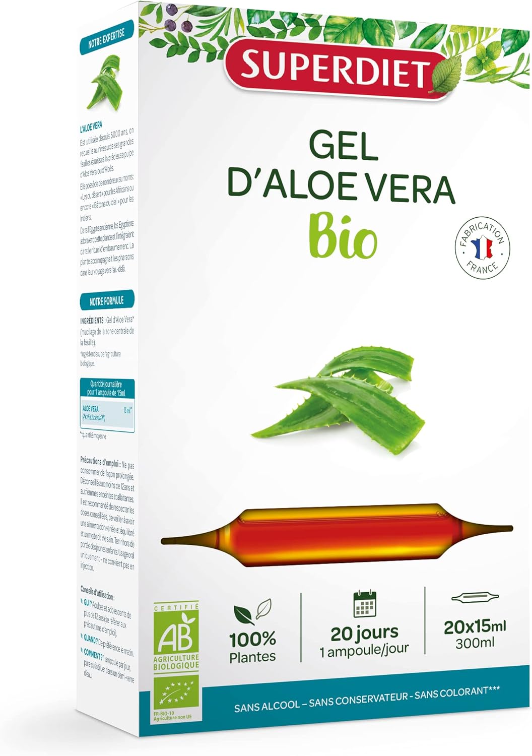 SuperDiet Pur Jus d'Aloe vera 20 ampoules de 15ml soit 300ml Amazon