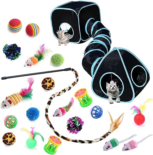 Juguetes plegables para tienda de campaña de túnel para mascotas, juguetes interactivos de plumas de gato, varita, bolas de campana para gatos,