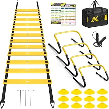 Agility Speed Training Equipment Set, Football Practise Set with 20ft Agility Ladder, 12 Cones, 4 Adjustable Hurdles, Jump Rope, Parachute