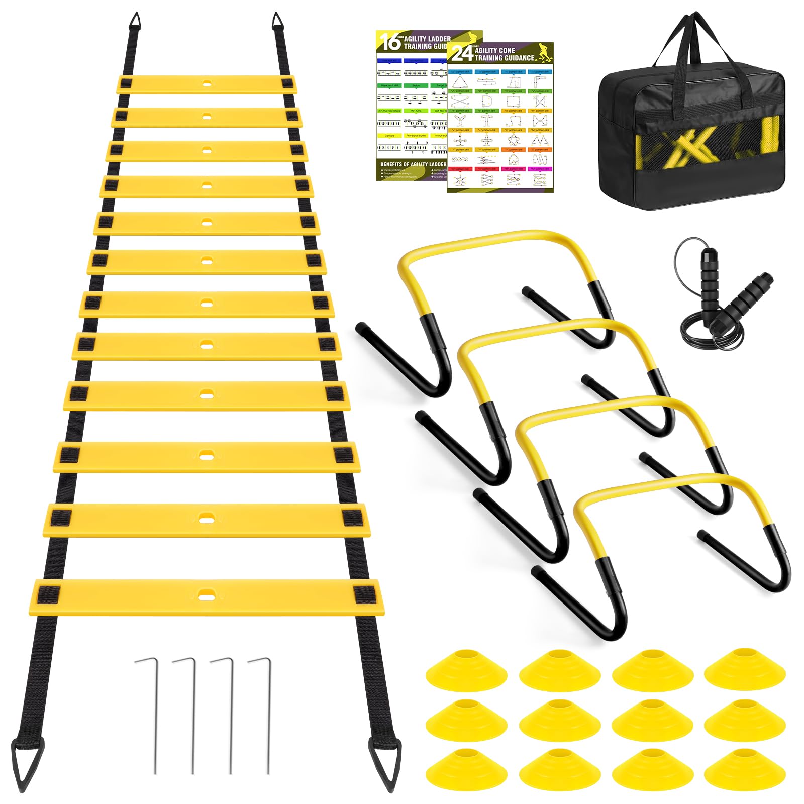 Agility Speed Training Equipment Set, Football Practise Set with 20ft Agility Ladder, 12 Cones, 4 Adjustable Hurdles, Jump Rope, Parachute, for Basketball, Soccer, Football, Kids, Youth, Adults