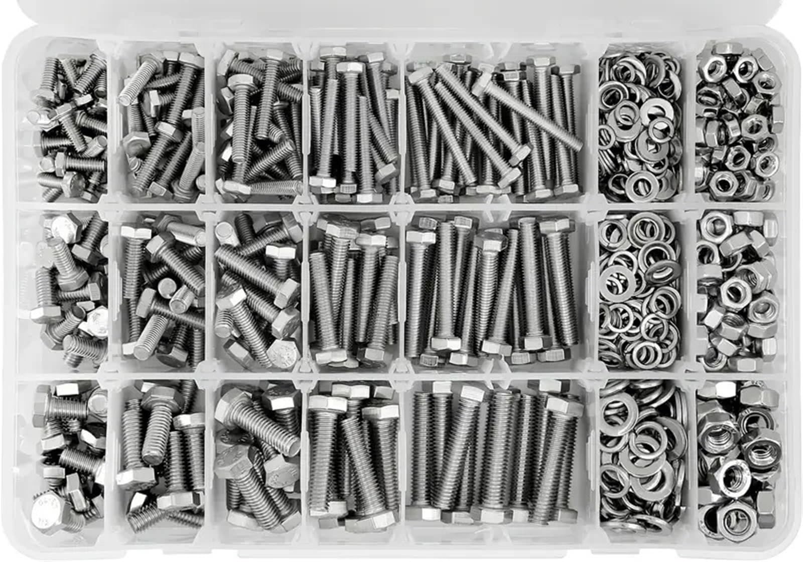 Schrauben und Muttern Set 1015 Sätze mit Schrauben und Muttern der Größen M4, M5, M6, metrisches Schraubensortiment aus Edelstahl 304, 15 gängige, 10–40 mm