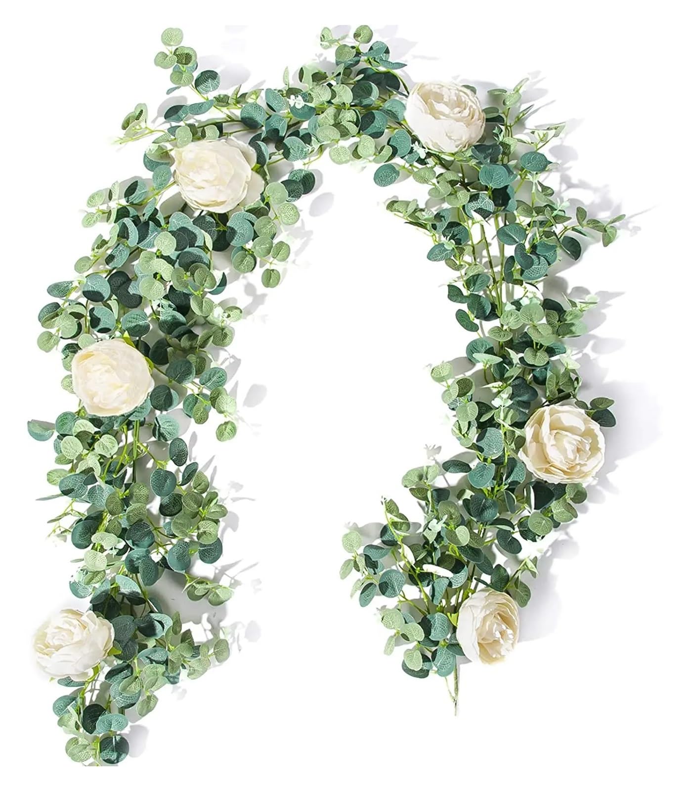 Künstliche Eukalyptus-Girlande mit weißen Rosen, Pfingstrosen, Eukalyptussträngen for Hochzeit, Geburtstag, Party, Haus, Garten, Dekoration(1pc White Rose)