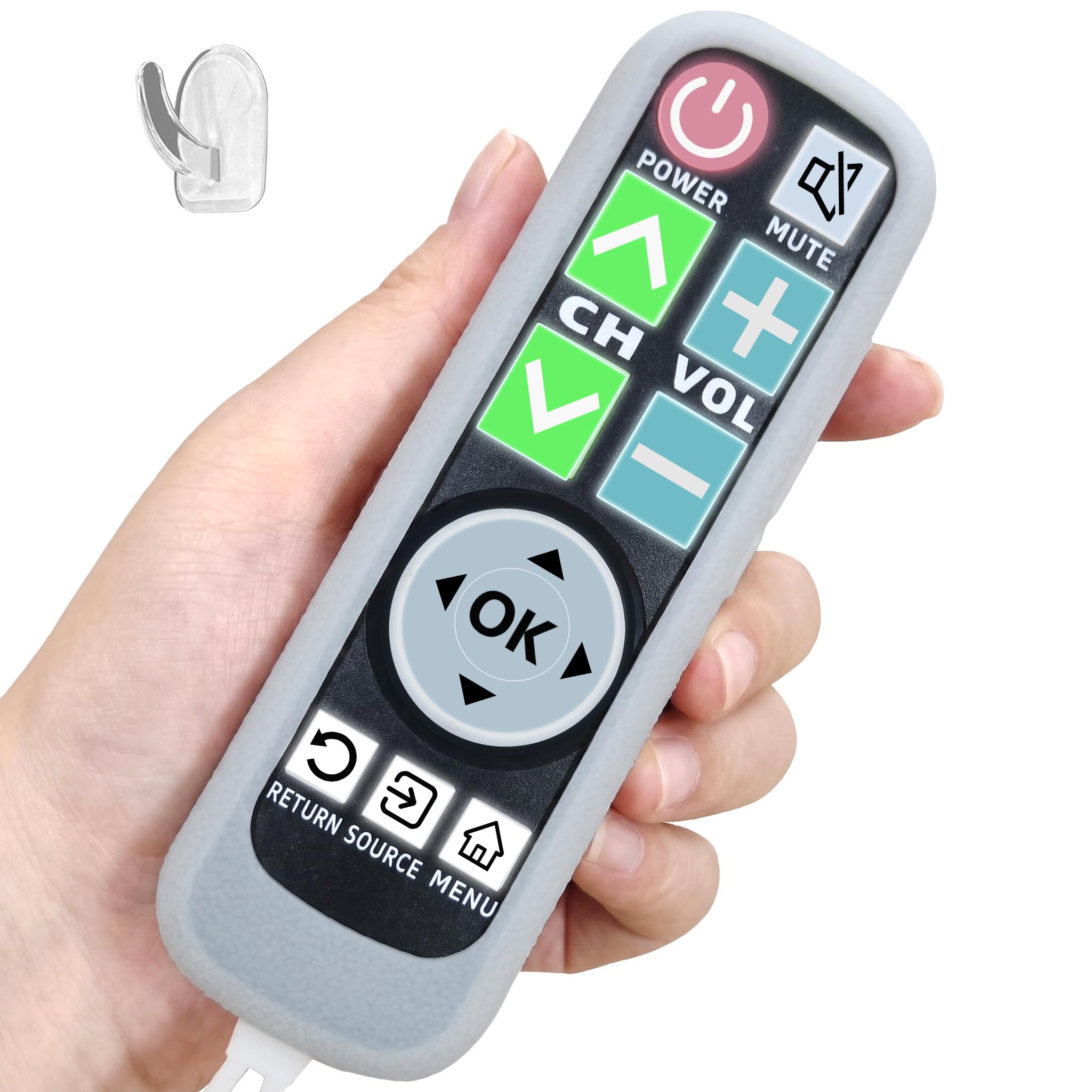 Podświetlany pilot do telewizora z dużym przyciskiem, zamiennik do telewizora Samsung z osłoną i haczykiem, uniwersalny pilot bez konfiguracji dla seniorów ze słabym wzrokiem, pacjentów z