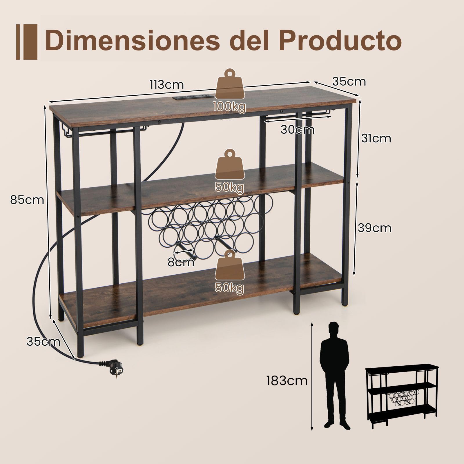 GIANTEX Botellero para 15 Botellas, Estantería de 3 Niveles con Soporte de Copas, Mesa Auxiliar con 2 Puertos USB y 2 Enchufes, Estantería de Vino para Cocina, Salón, 113 x 35 x 85 cm (Marrón Rústico)
