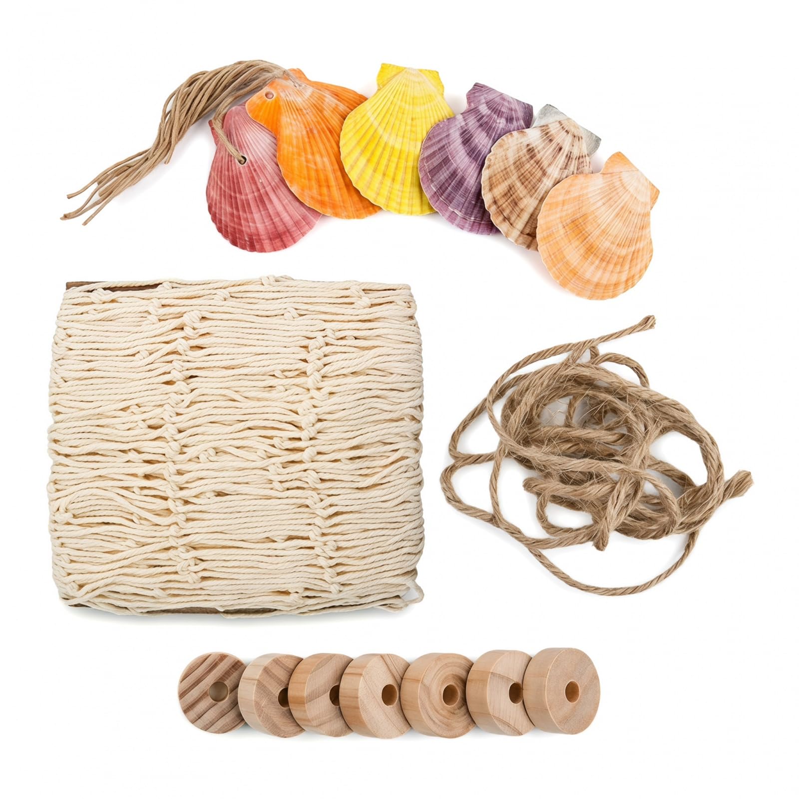 Fischernetz Deko 100x200cm Beige, mit Muscheln & Holz Schwimmer, Wandgitter Netz Baumwolle, Wanddeko zum Aufhängen für Wandteppich, Wohnzimmer, Fotowand, Badezimmer & Party