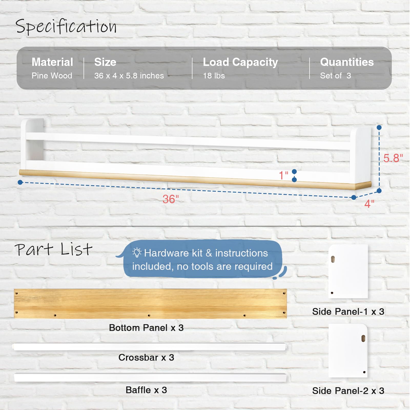 Estantes flotantes de 36 pulgadas de largo para pared de guardería, estantes grandes para libros de pared para habitación de los niños, estantería de Haning blanco y natural para niños 6