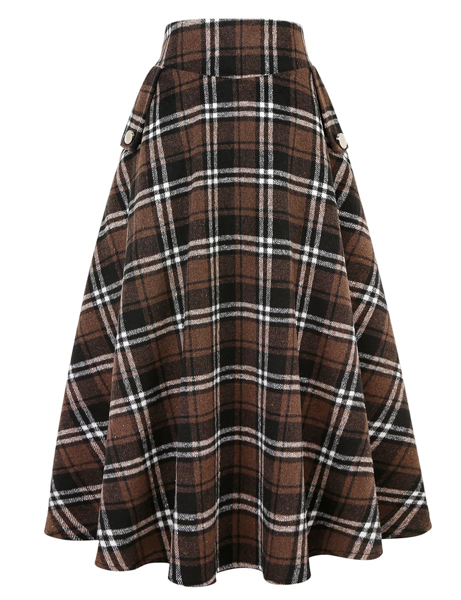 IDEALSANXUN Women’s Fall Winter High Waisted Wool Plaid A-line Long Skirt