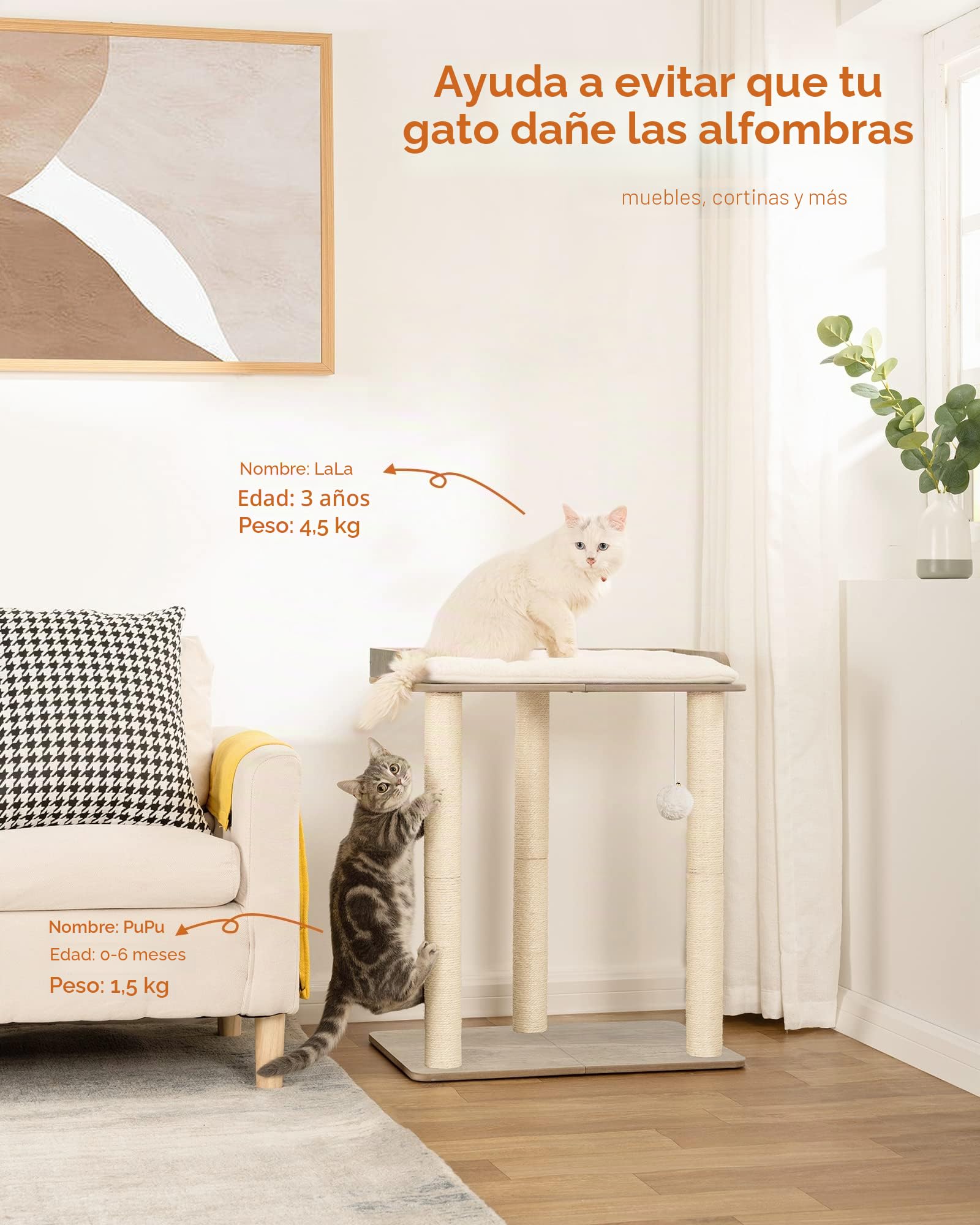FourFurPets Árbol para Gatos, Altura 68 cm, Torre de Gatos, con 3 Postes de Sisal de 60cm, 56x40 cm Gran Plataformas, Pompones, Greige