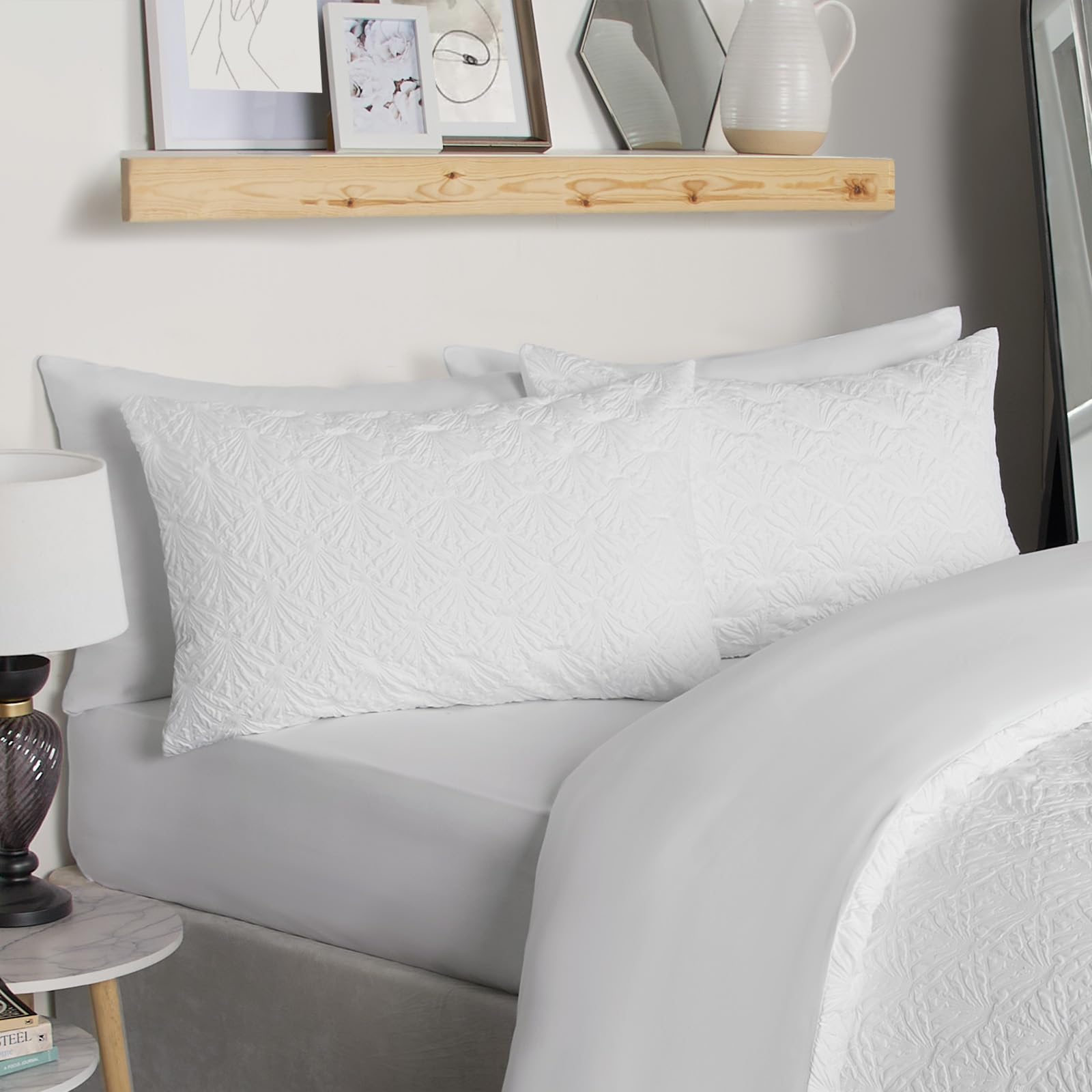 OHS Set di biancheria da letto matrimoniale con motivo geometrico, ultra morbido, decorativo, in rilievo, moderno, di lusso, copripiumino matrimoniale con federe, bianco