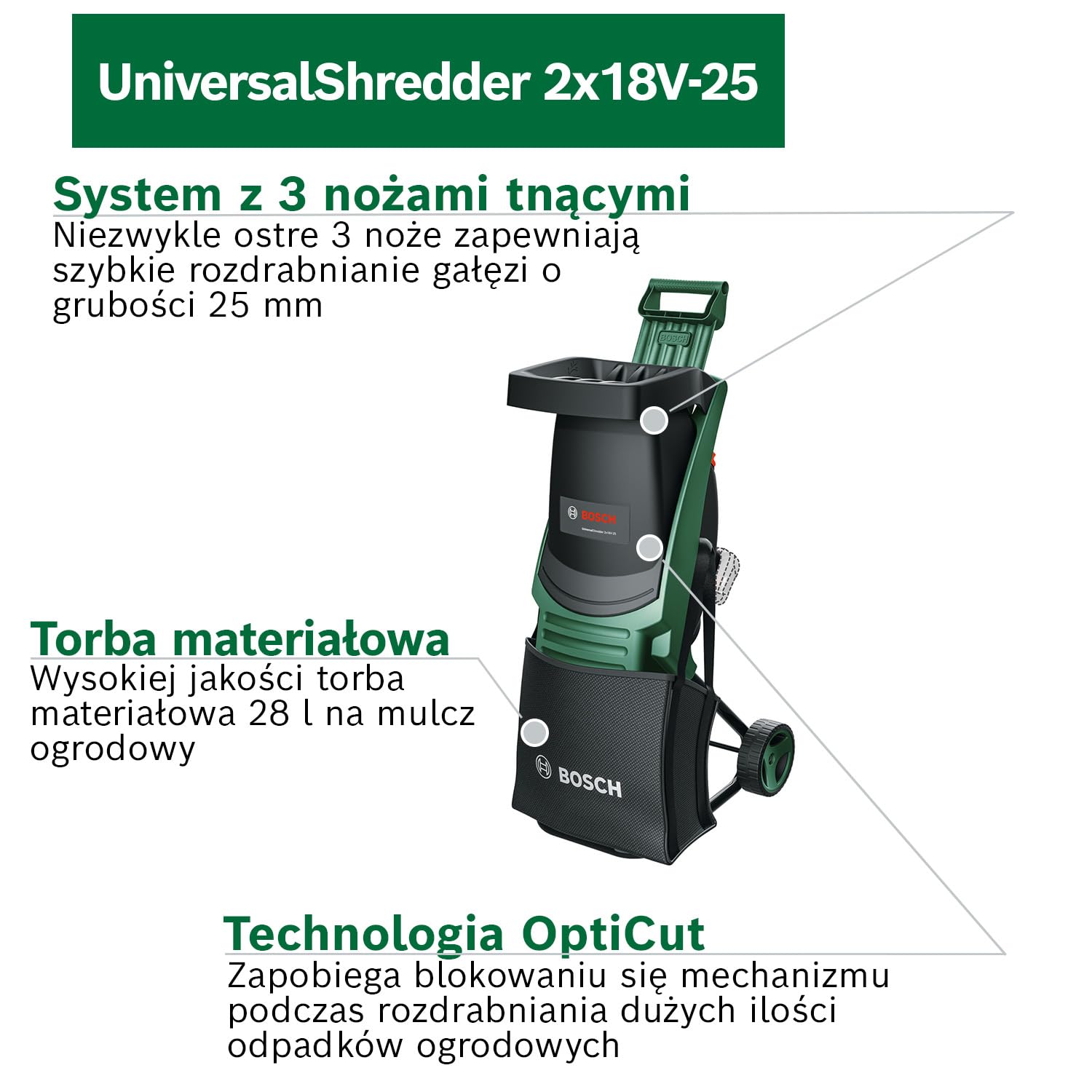 Bosch Niszczarka akumulatorowa UniversalShredder 2x18V-25 (hartowane stalowe ostrza, tnie gałęzie do 25 mm, silnik bezszczotkowy, regulacja prędkości OptiCut)