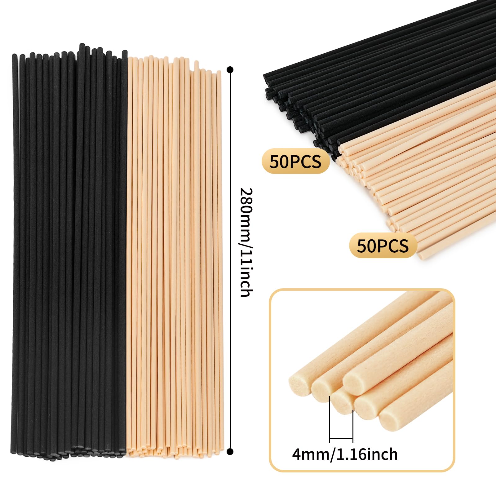 100 Pièces Bâtons de Diffuseur de Roseaux,Diffuseur Parfum Bâtons,Couleur Bois Noir et Naturel