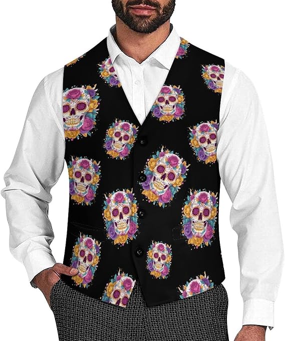 Sugar Skull with Flowers Men's Casual Suit Vest 5XL