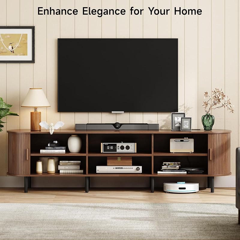 ONBRILL 86.6" TV Stand with Power Outlet & Storage for TVs up to 90“ Walnut image 3