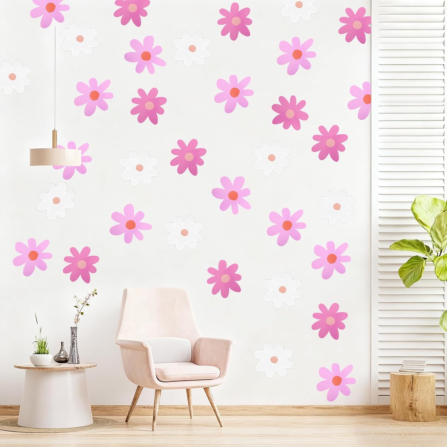 6 Sheets Pink Daisy Wall Decal, Flower Wall Sticker Flower Wall Decor Vinyl Peel and Stick Floral Decals Cute Daisy Wallpaper for Nursery, Girls Bedroom Decor, Classroom (Pink, White)