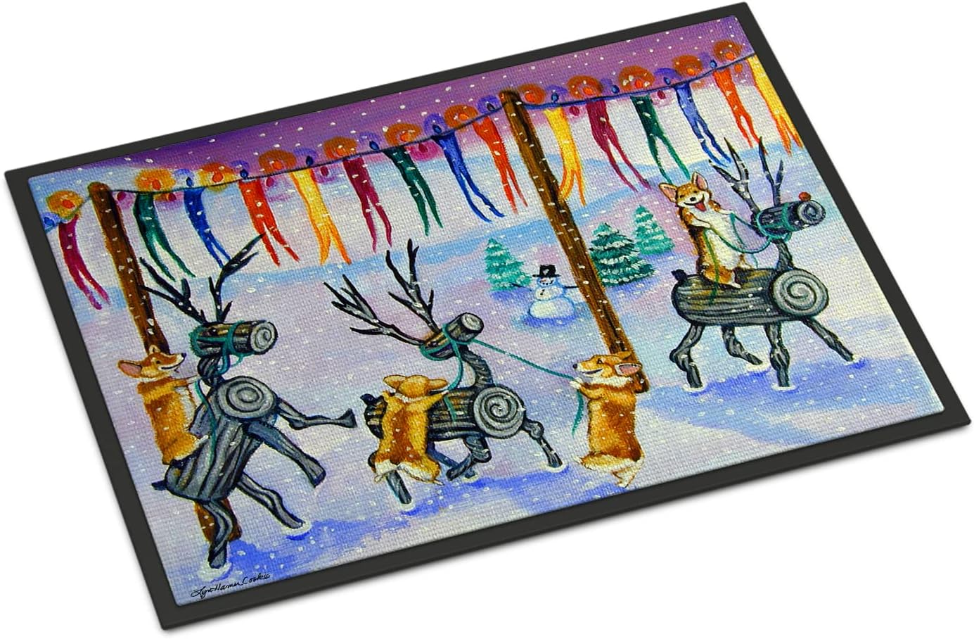 Caroline's Treasures 7443JMAT Corgi Log Reindeer Race Christmas Doormat 24x36 Front Door Mat Indoor Outdoor Rugs for Entryway, Non Slip Washable Low Pile, 24H X 36W