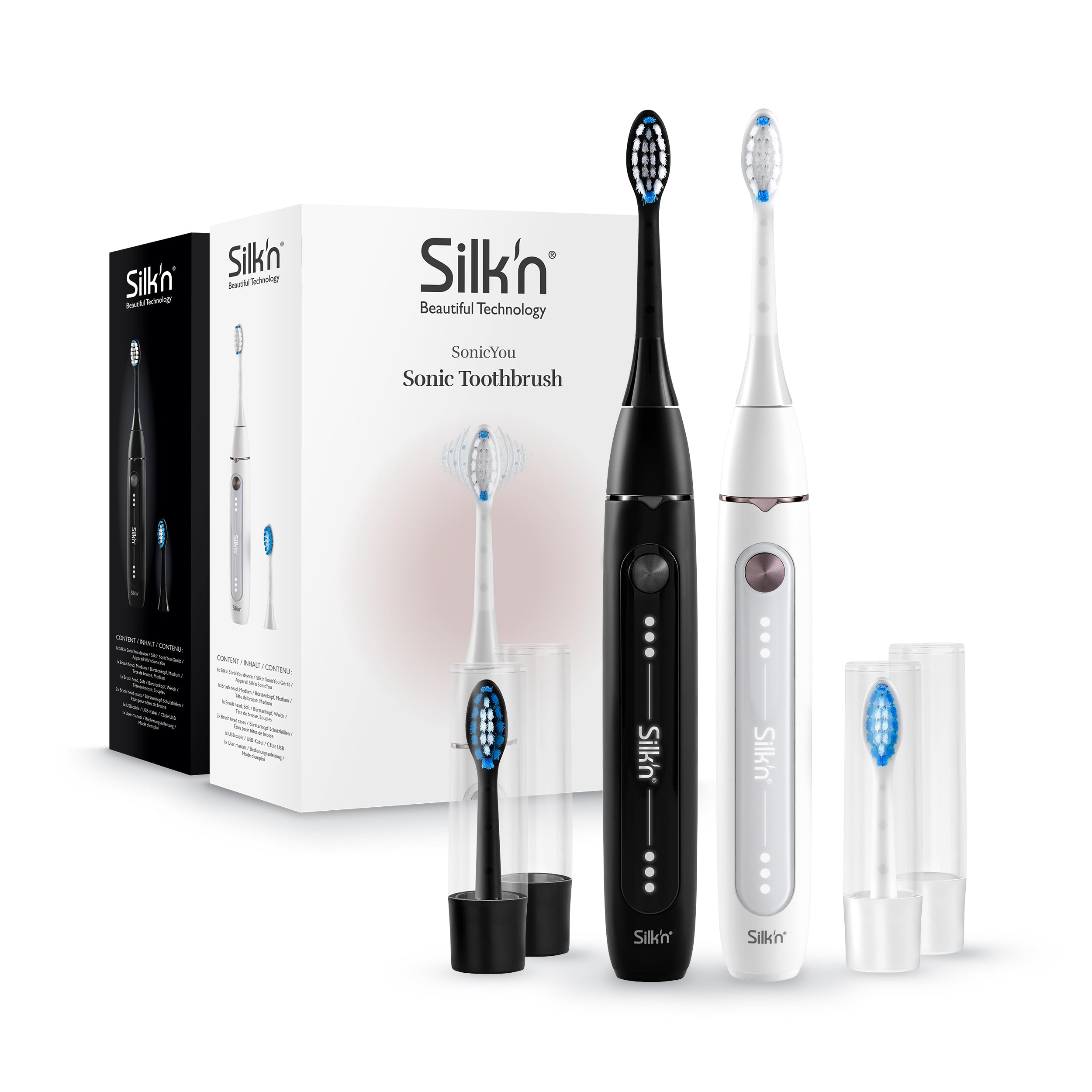 Silk'n Set de 2 cepillos de dientes eléctricos - SonicYou Bundle - 2 piezas con 2 cabezales - Idea de regalo - Blanco y negro
