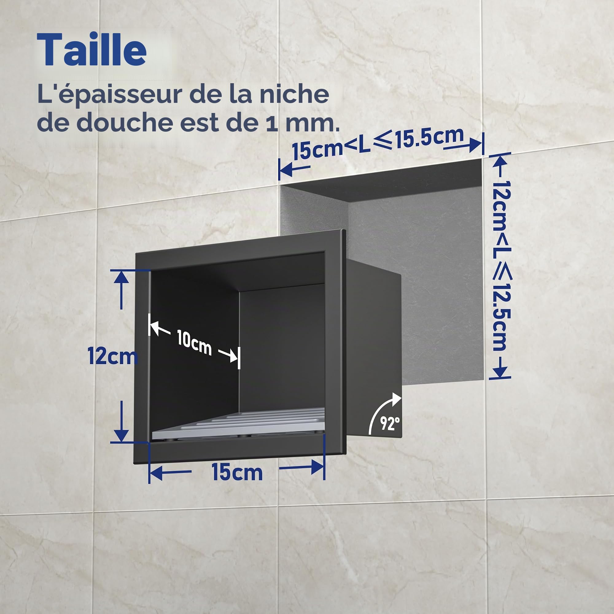 Niche murale en acier inoxydable 304 noir mat 15 cm x 12 cm pour salle de bain, support encastré dans la salle de bain avec surmontage, pas de carrelage nécessaire