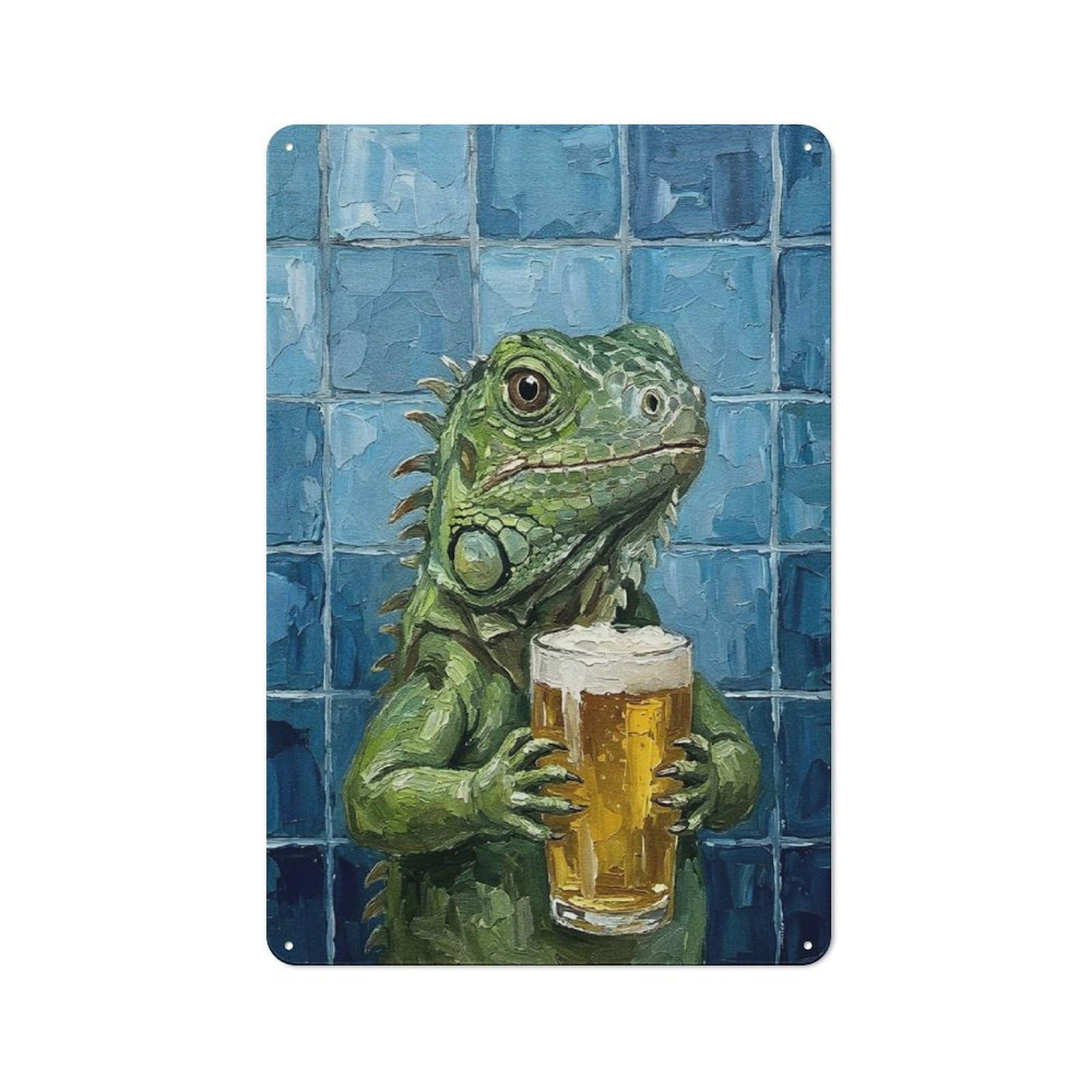 Junmoney Style-10 Loft Style Metal Wall Art Sign 30X20cm Featuring Iguana With Beer Painting, Urban Room Decor For Loft, Studio, Office Or Creative Room