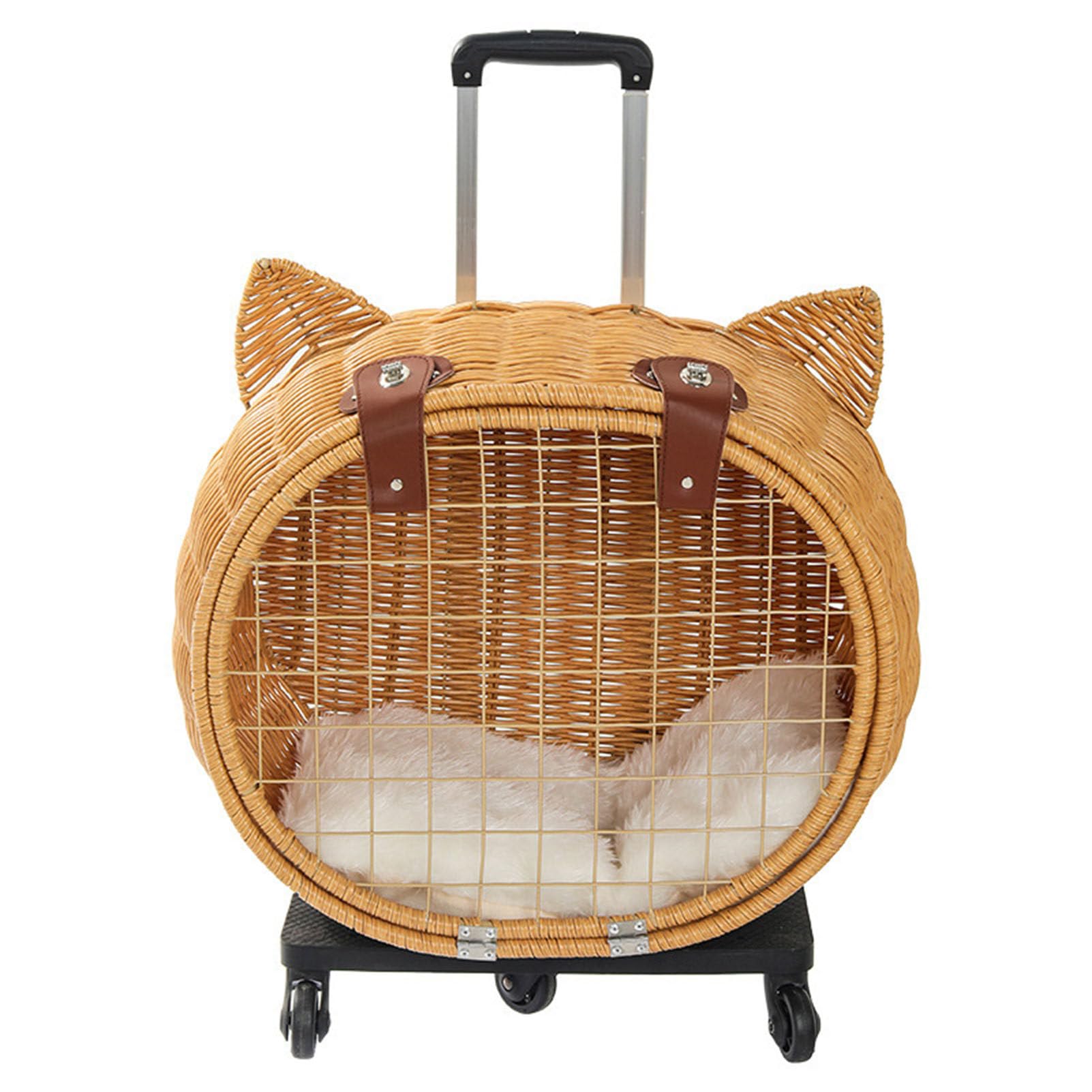 Passeggino per gatti in stile retrò, in rattan, con ruote e manico telescopico, ideale per viaggi, passeggiate e visite veterinarie