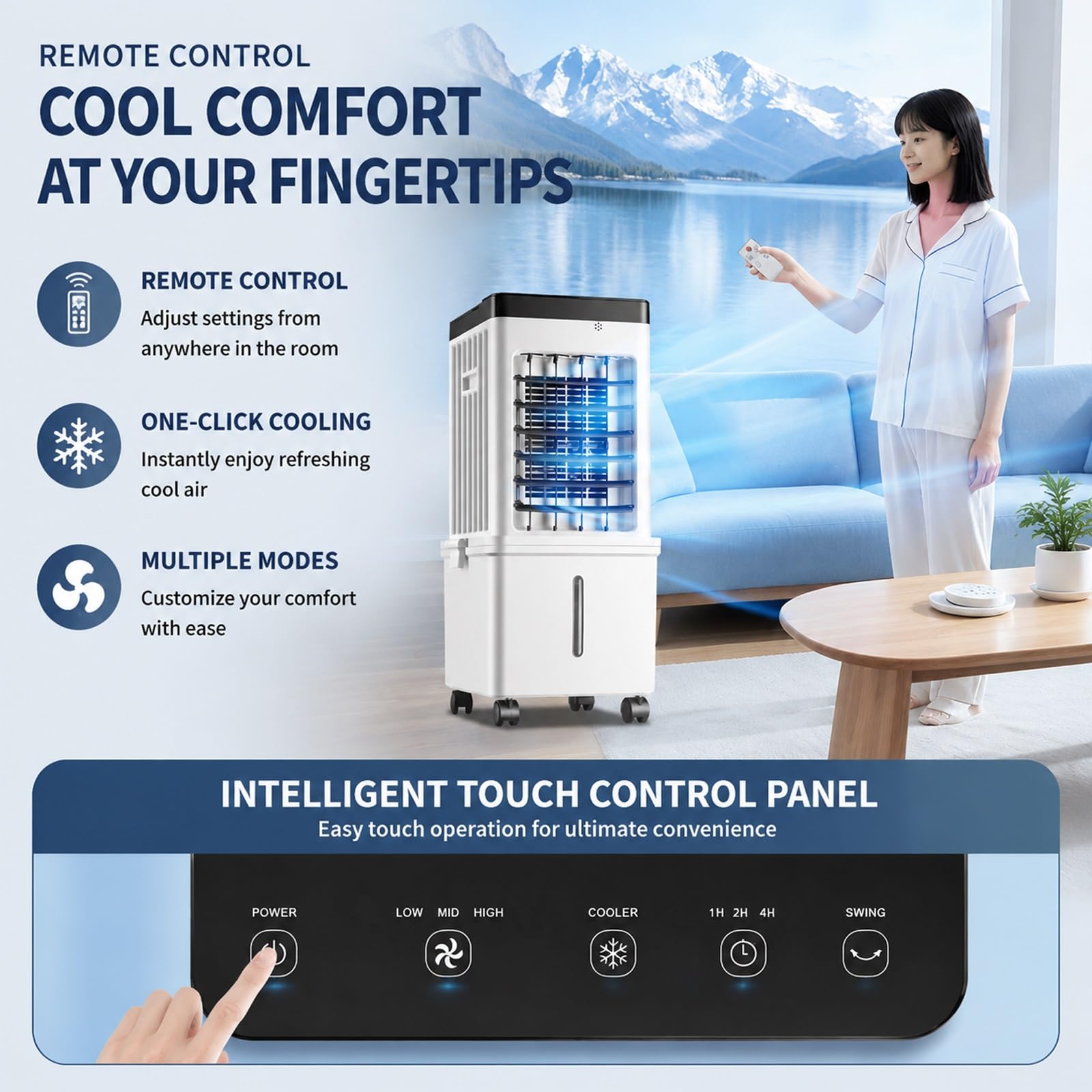 Enfriador de Aire Portatil de 75 W con Control Remoto y 4 Cristales de Hielo, Depósito de 15 L, 3 Velocidades, Temporizador de 7,5 Horas, para el Hogar, Dormitorio y Oficina, 60x27x23cm