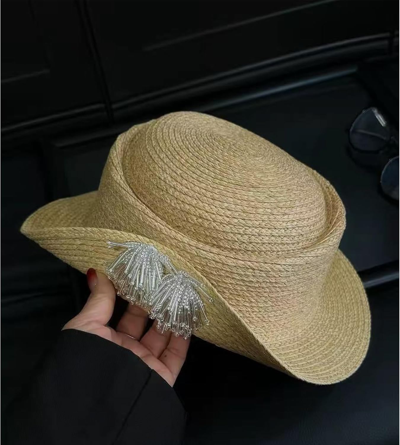 Women's Woven Straw Sun Hat, Rolled Brim with Crystal Beaded Fringe, Elegant French Retro Style, Spring & Summer