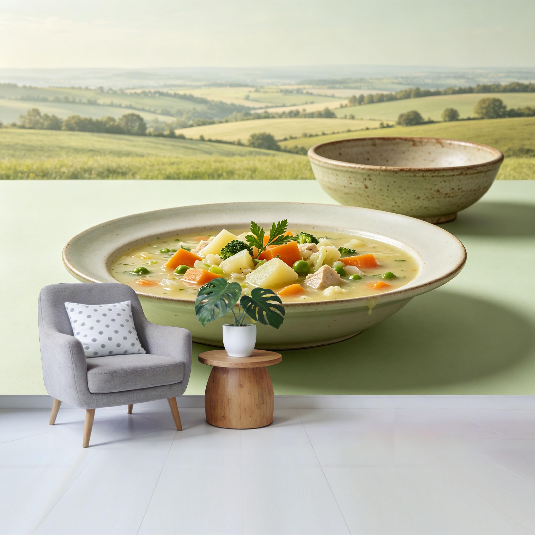 Qzlithotic Yq2605250893 Custom Size Wall Mural Healthy Vegetable Soup Bowl Gourmet Food Rustic Farmhouse Landscape Selfadhesive Wall Fabric Removable Wallpaper For Home Office Decor