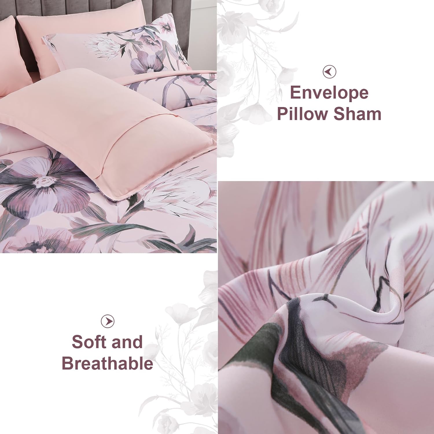 Luxudecor Floral Comforter Set King Size 7 Piece, Blush Pink Flower Bed in a Bag, Elegant Comforter Bedding Set for All Season (Blush Pink, 104"x90") - Image 5